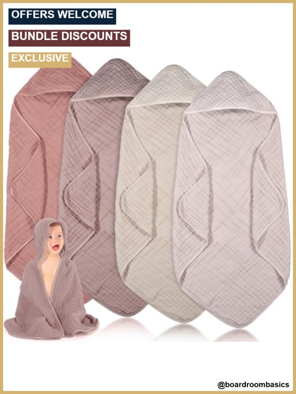 4 Pc Muslin Hooded Baby Bath Towels 6 Layer 32x32 Soft Absorbent